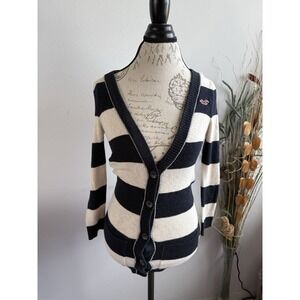 Vintage Y2K Hollister Navy Blue & White Striped Cardigan Womens S Fitted Preppy